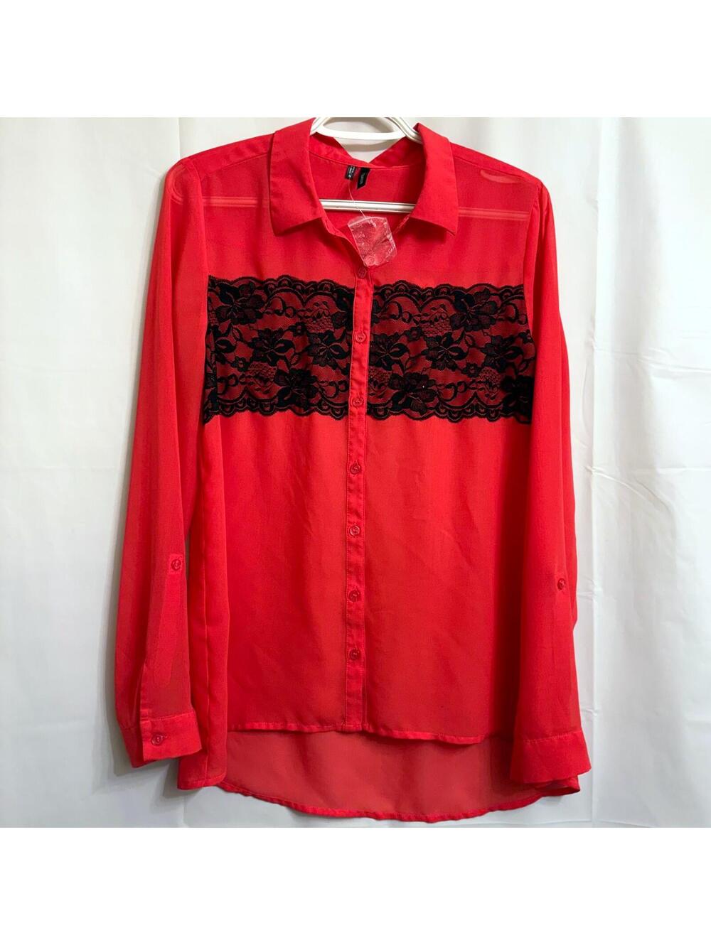 Maurices Women's Red Sheer Blouse Top Size S Long Sleeve Lace Panel Button Front